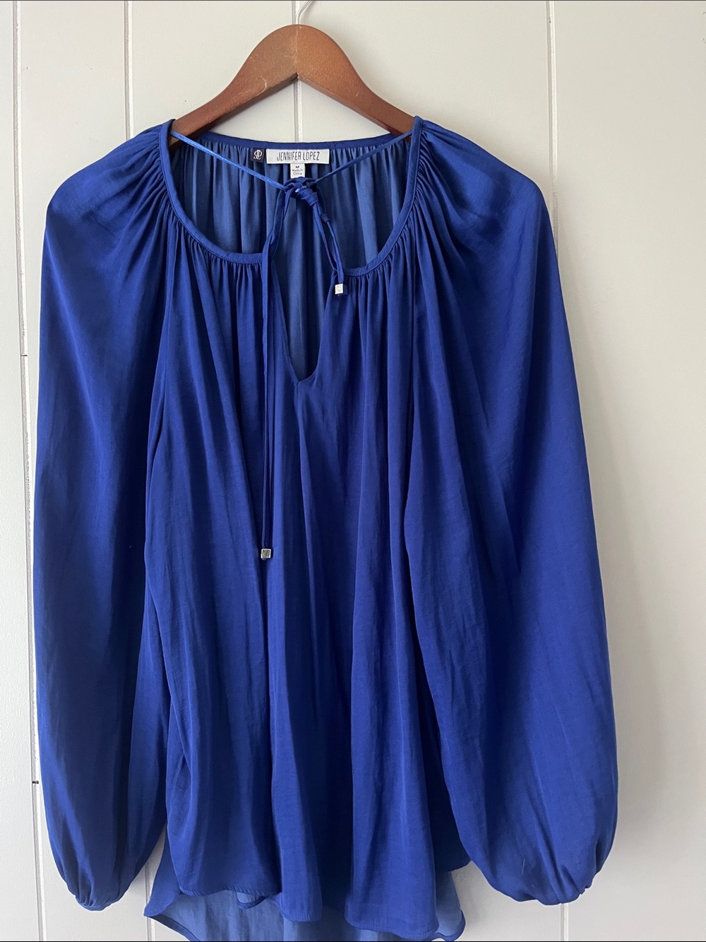 Jennifer Lopez Cobalt Blue Tie-Neck Peasant Top